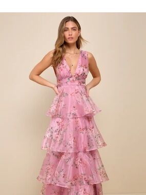 Lulu's Pink Floral Tiered V-Neck Maxi Dress